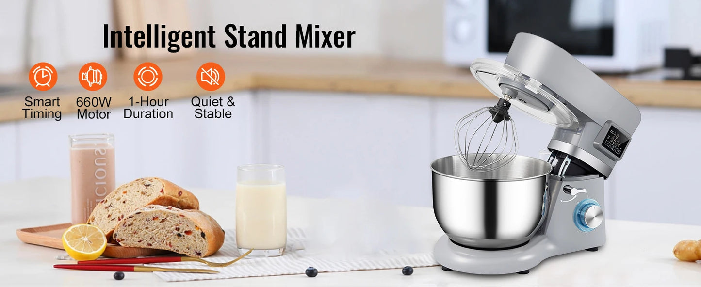 SucceBuy Electric Dough Mixer Stand Mixer with 6 Speeds LCD Touch Screen Timing 5.8 Quart Stainless Steel Bowl Dough Hook Flat Beater