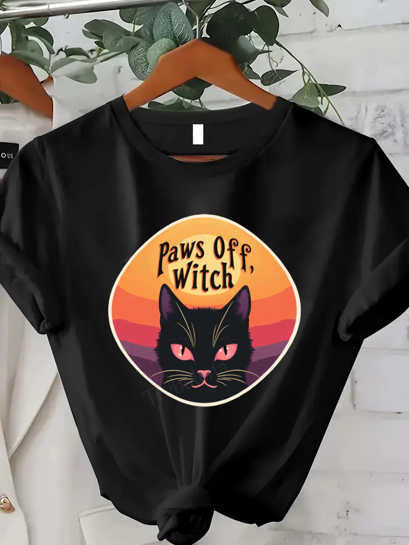 Plus Size Paws Off Witch Cat Print Round Neck T Shirt Short Sleeve Halloween Top