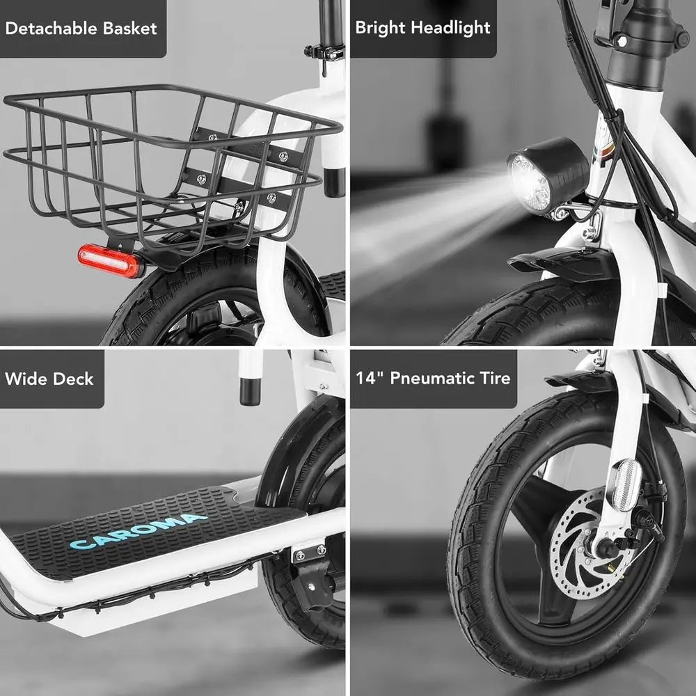 Foldable Electric Scooter With Seat 30 Mile Range 20 MPH 14 Fat Tires Pet Basket