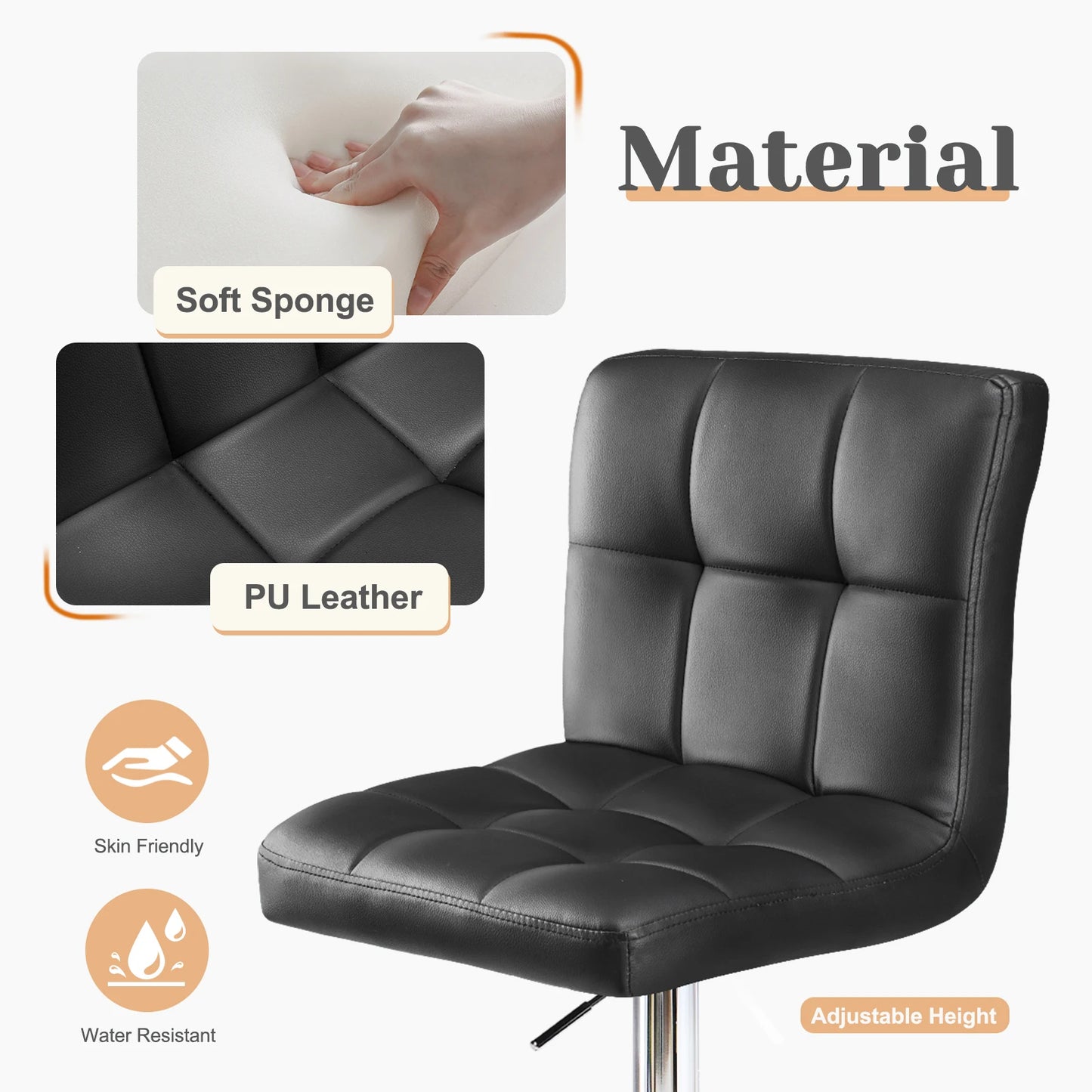 JHK PU Leather Bar Stools Set Of 2 Counter Height With SGS Gas Cylinder