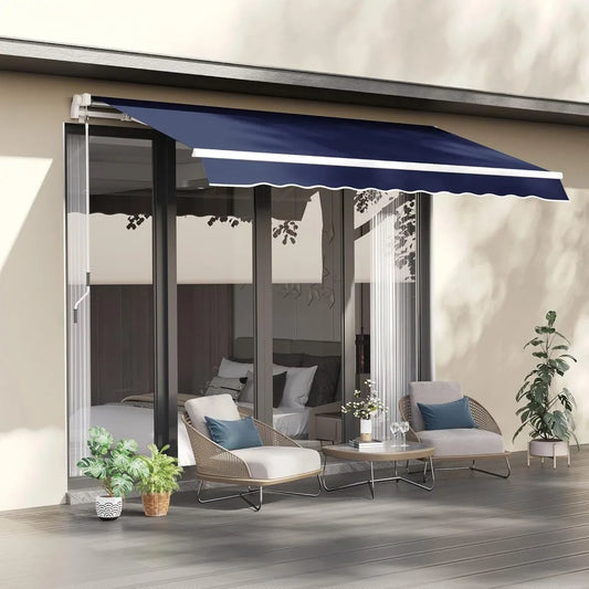 10 Foot By 8 Foot Retractable Patio Awning With Manual Crank And Aluminum Frame