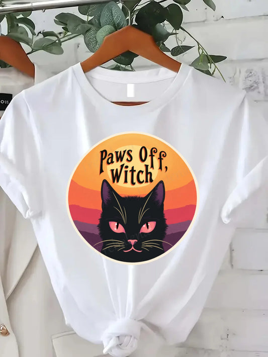 Plus Size Paws Off Witch Cat Print Round Neck T Shirt Short Sleeve Halloween Top