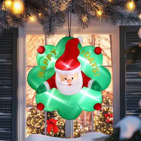 4 Foot Inflatable Santa Window Decor With Wreath LED Lights