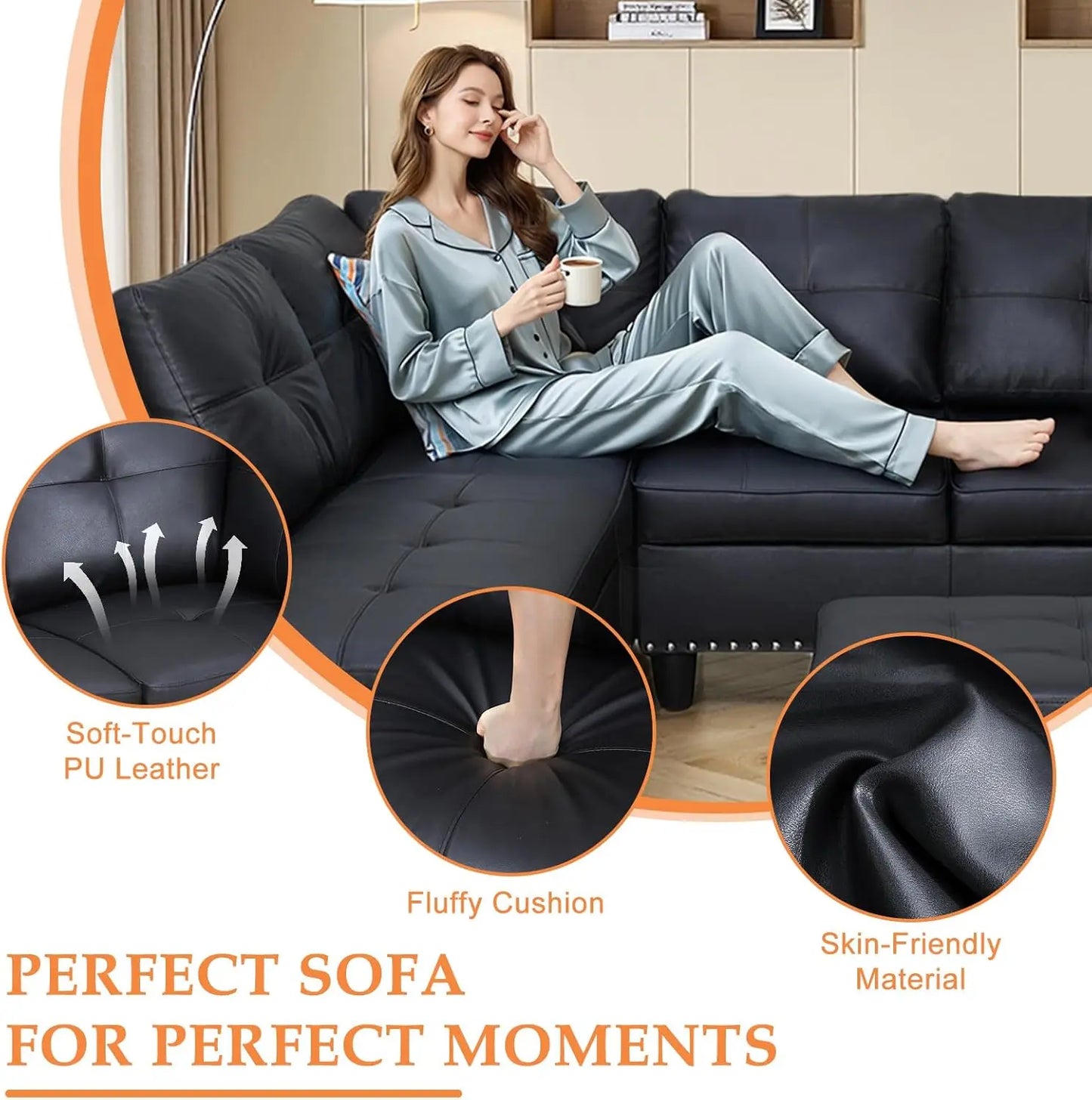 Sectional L Shape Couch 4 Seaters Chaise Lounge Ottoman