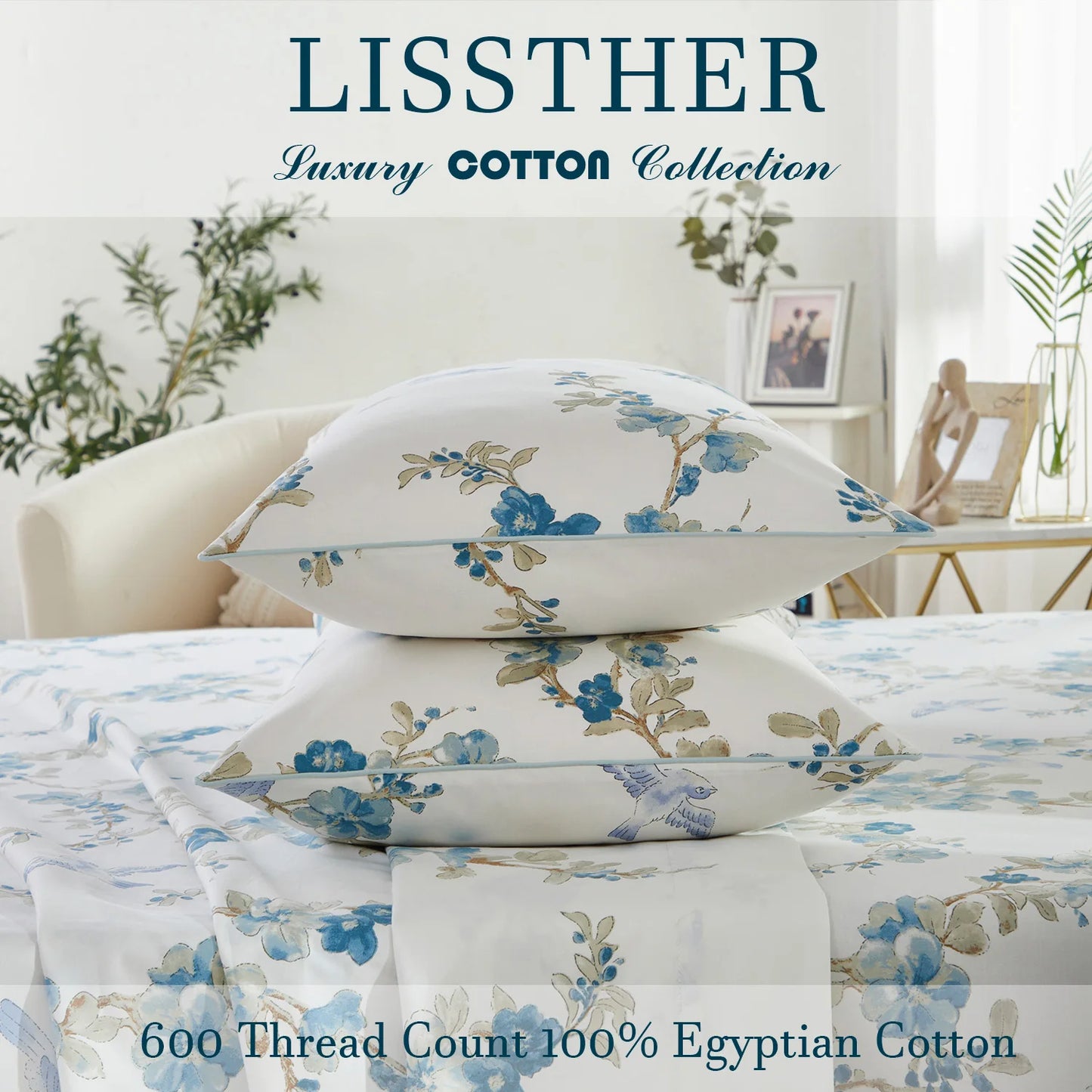 3Pc 600TC Egyptian Cotton Duvet Cover Set Blue Floral