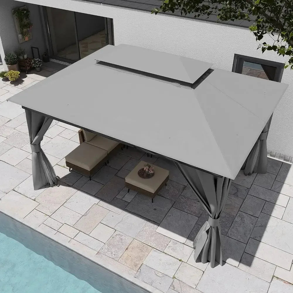Durable 10x13 Outdoor Gazebo Double Roof Mosquito Netting Privacy Screen Gray