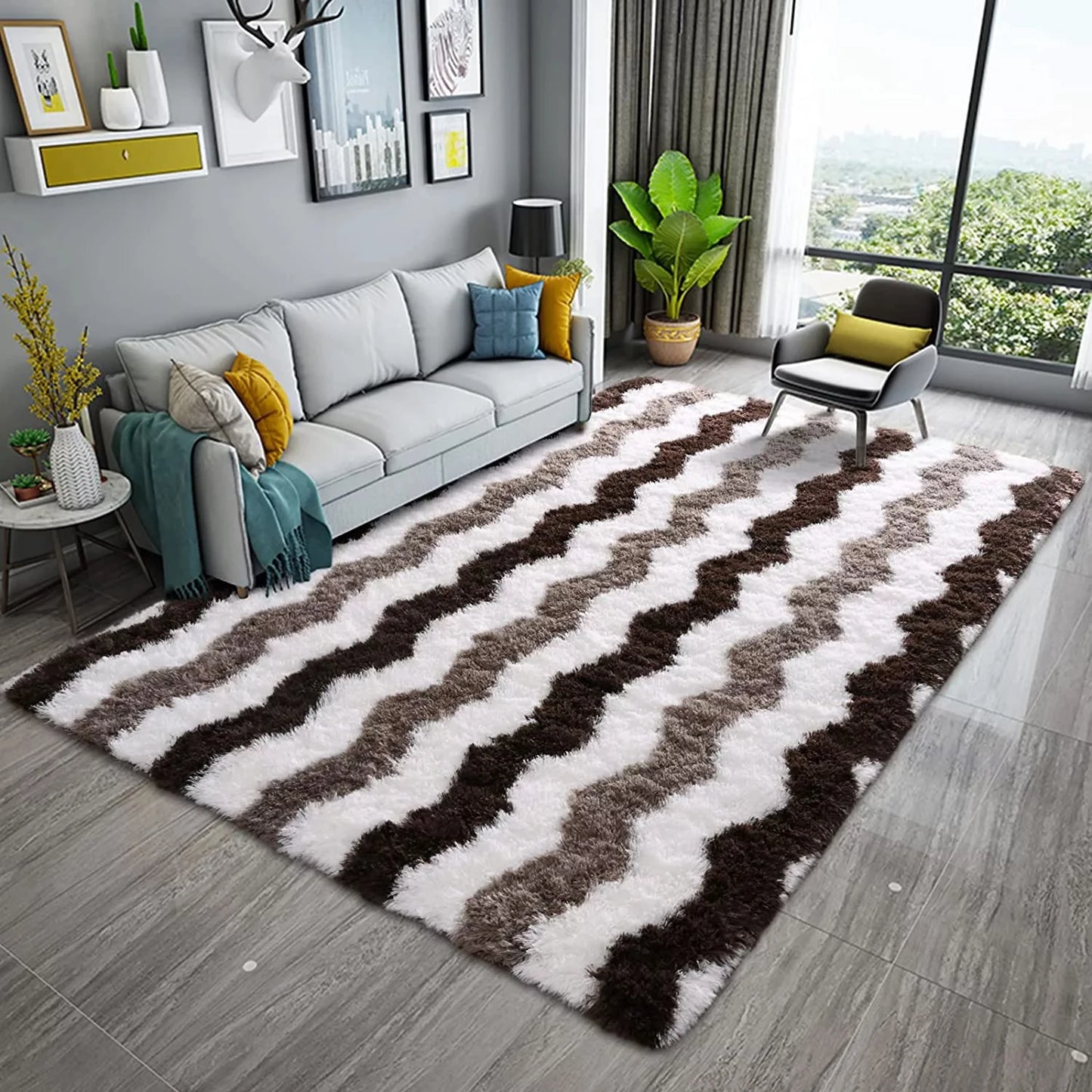 Soft Shaggy Rugs Plush Area Rugs for Living Room Bedroom Fluffy Carpets Home Decor 5x8ft Stripe Brown