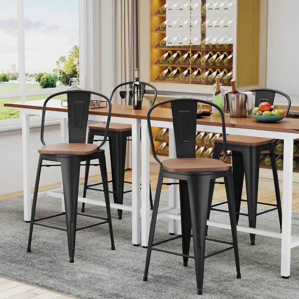 30 Inch Swivel Metal Bar Stools Set 4 High Back Industrial