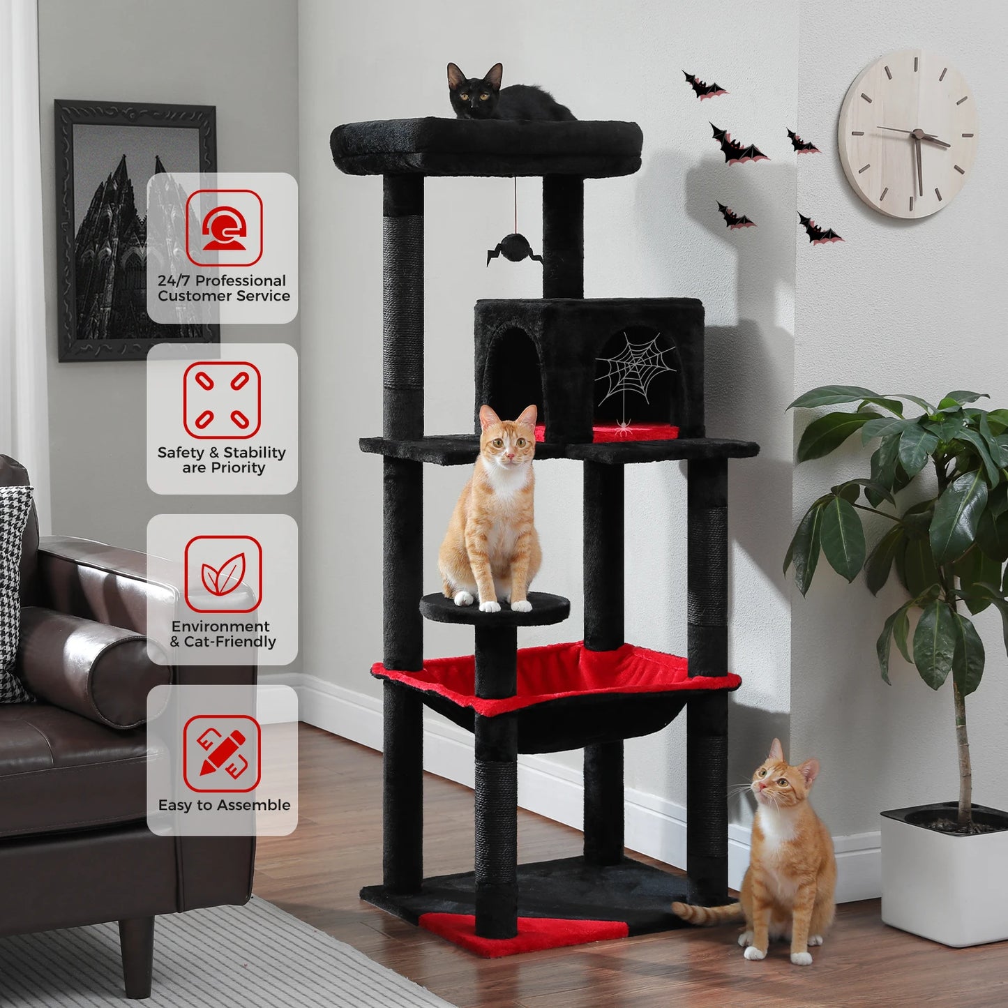 Gothic Cat Tree Tower for Indoor Cats Five Levels with Cozy Condo and Hammock