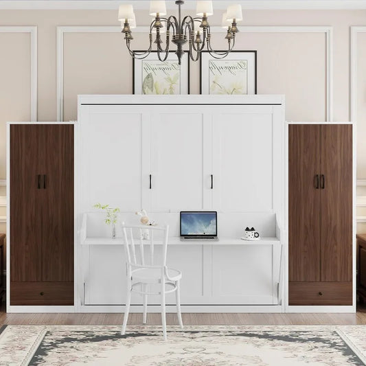 Queen Size Murphy Bed With Desk and Drawers and Closet in White