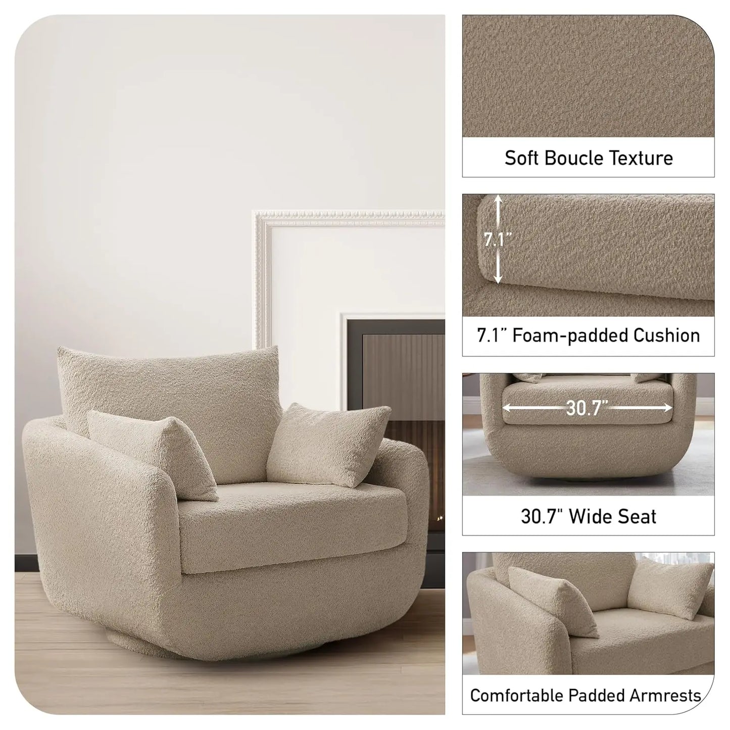 360 Degree Swivel Armchair Oversized Sherpa Boucle With Removable Back Pillows