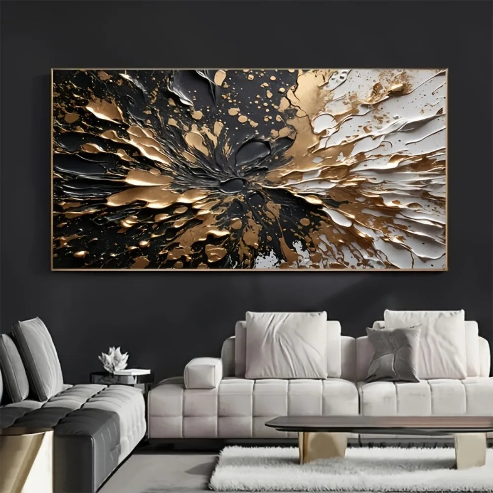 Modern Abstract Black Gold Ink Splash Wall Mural With Pine Frame