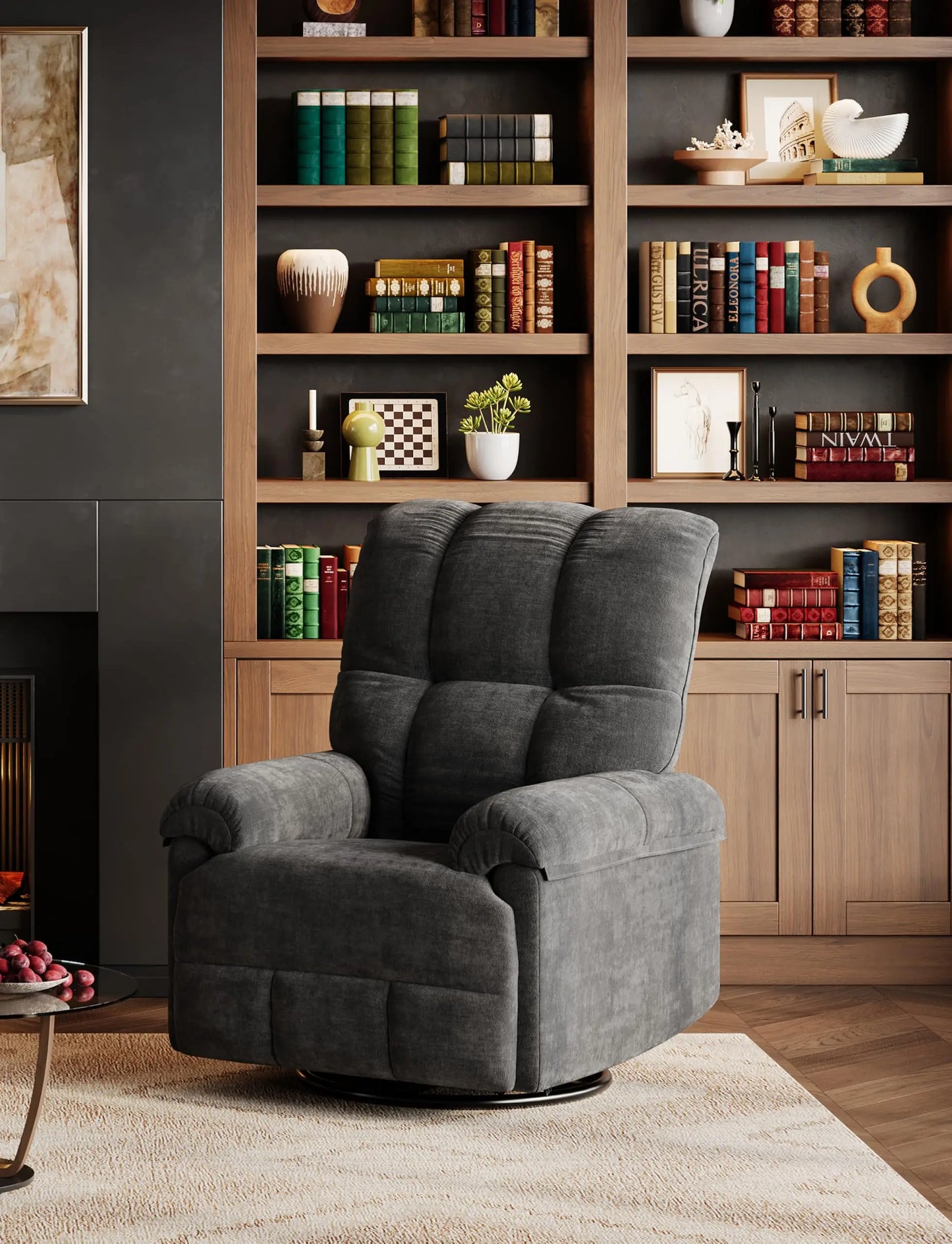 Oversized Overstuffed Chenille Recliner With Swivel Rocker And Padded Armrests