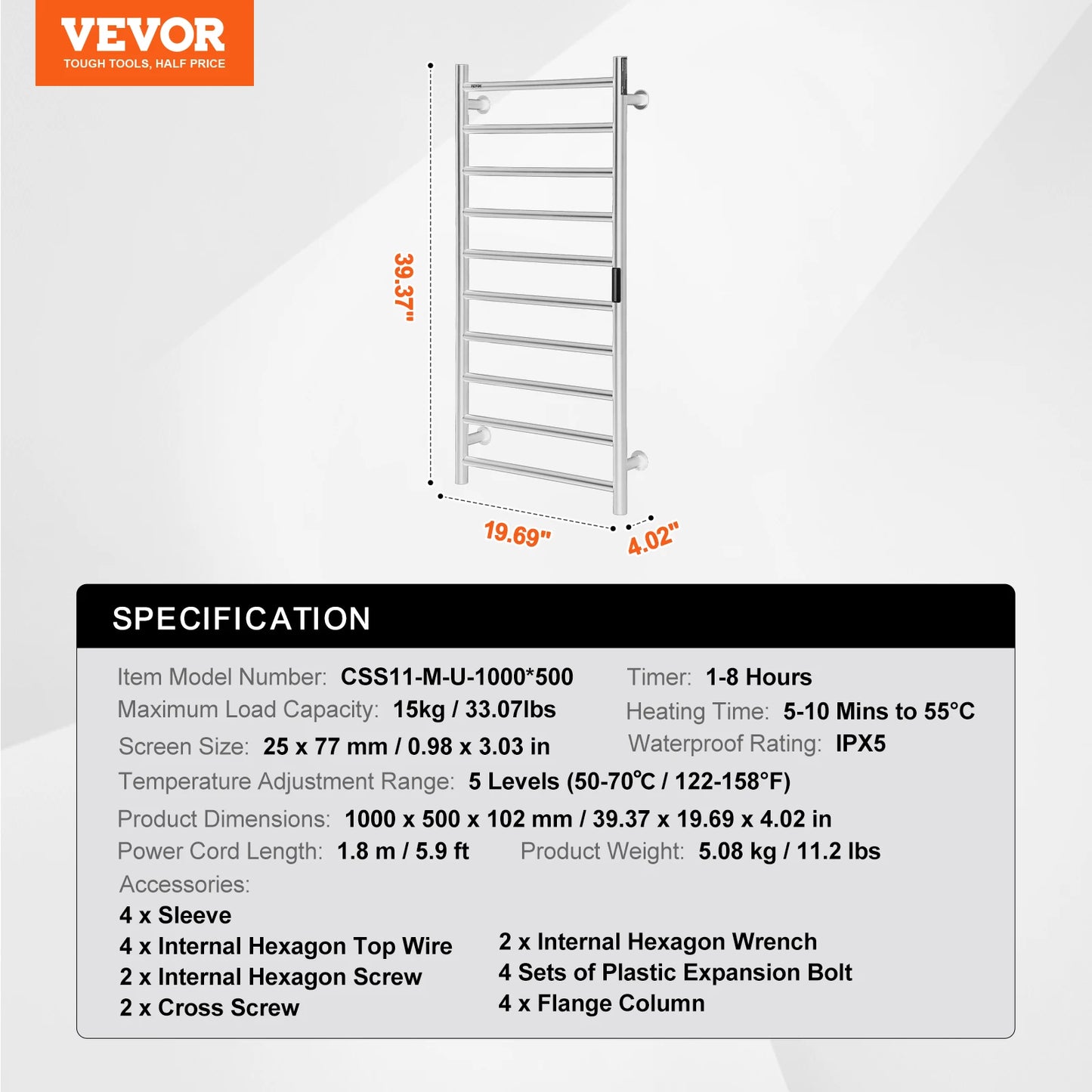 SucceBuy Wall Mounted Towel Warmer Rack 5 Levels IPX5