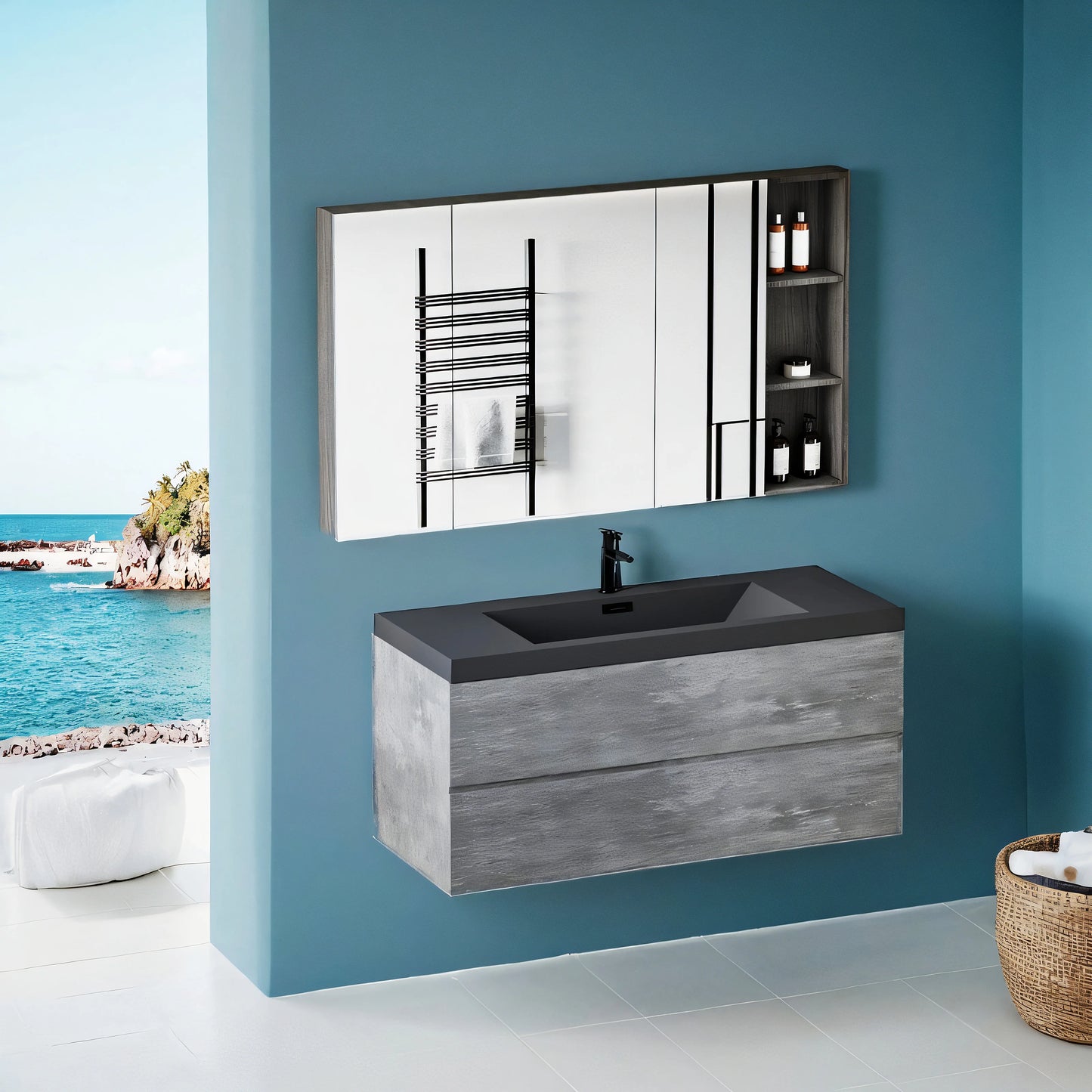 48 Inch Floating Bathroom Vanity With Sink Black Quartz Top