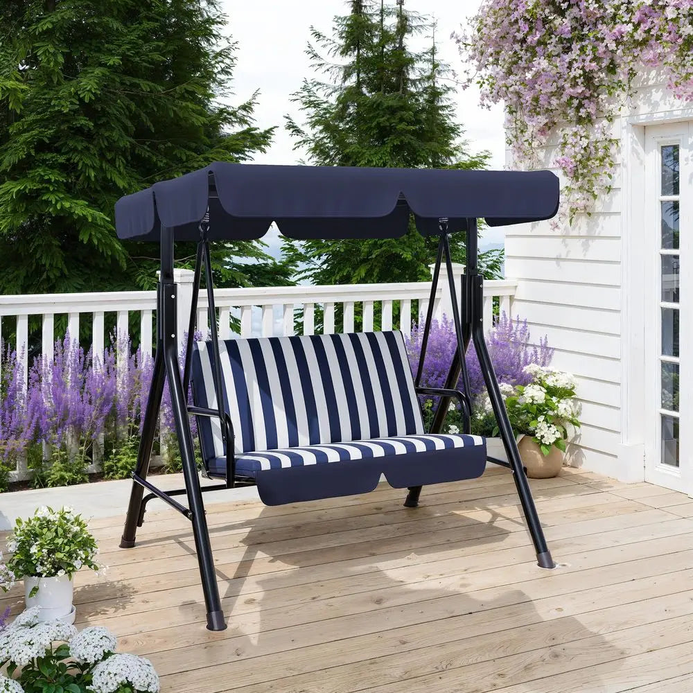 Outdoor Porch Swing With Adjustable Canopy 3 Seat Patio Swing Chair With Stand