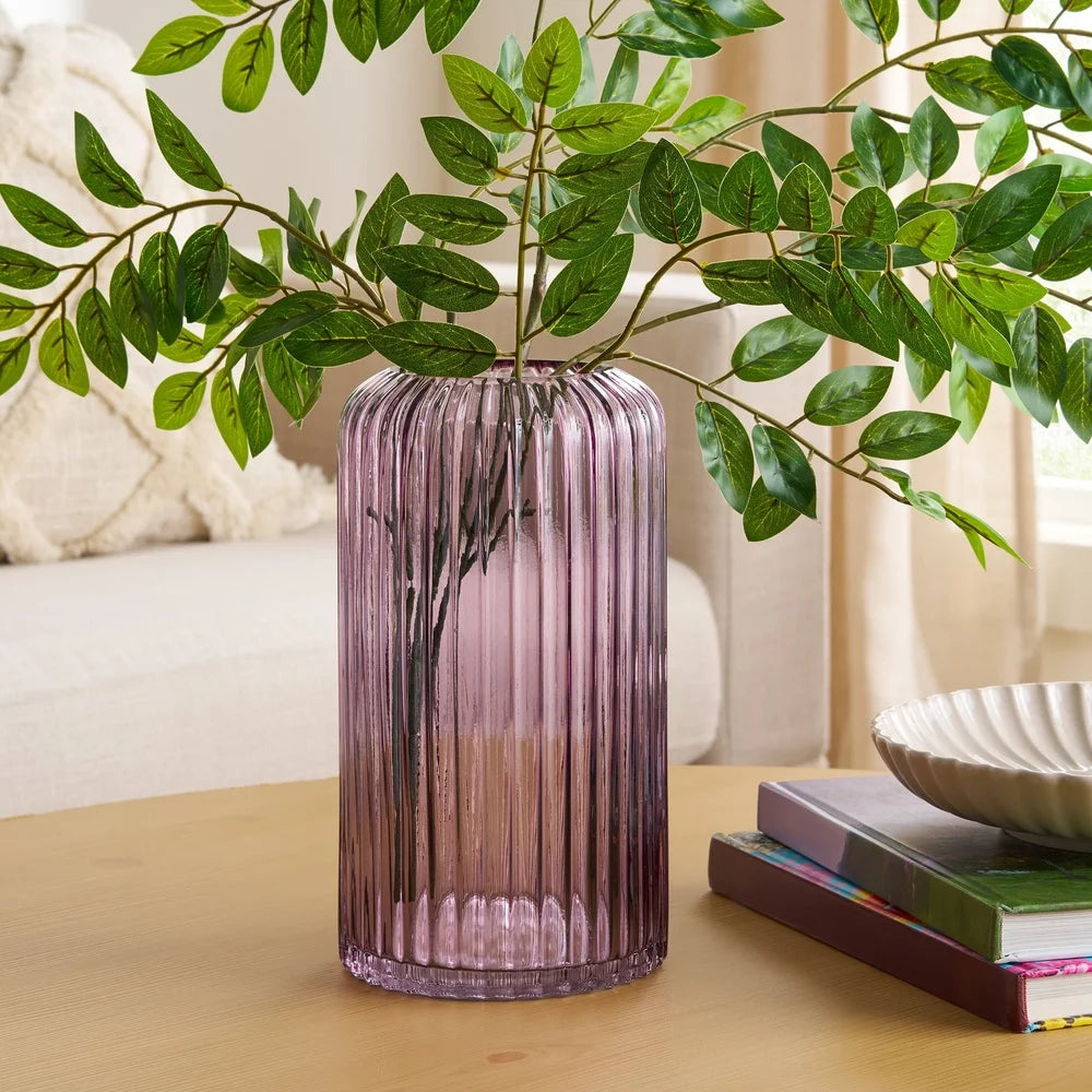 Modern Pink Ribbed Cylinder Glass Vase Tabletop Decor Stylish Home Accent Washable High Quality Glass Ideal For Flowers