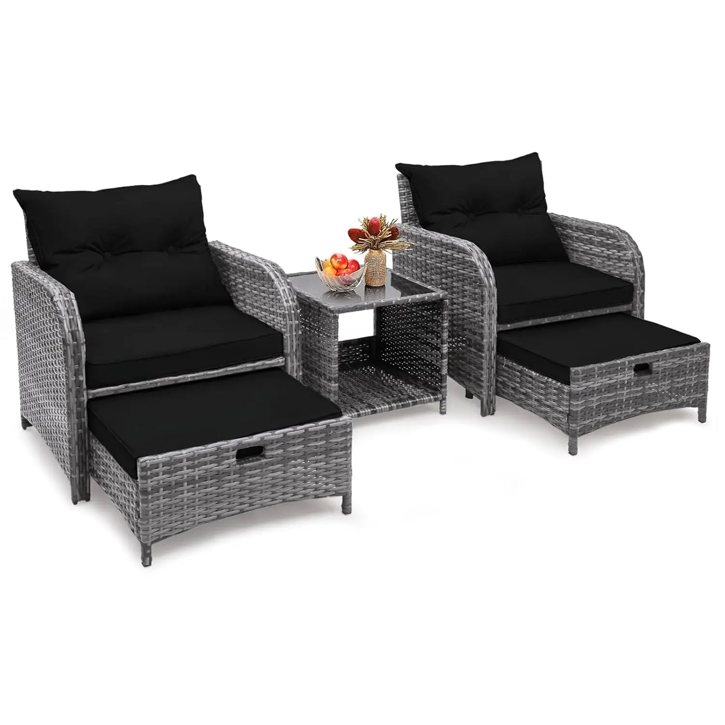 5 Piece Wicker Outdoor Patio Chairs With Ottomans All Weather PE Rattan Set