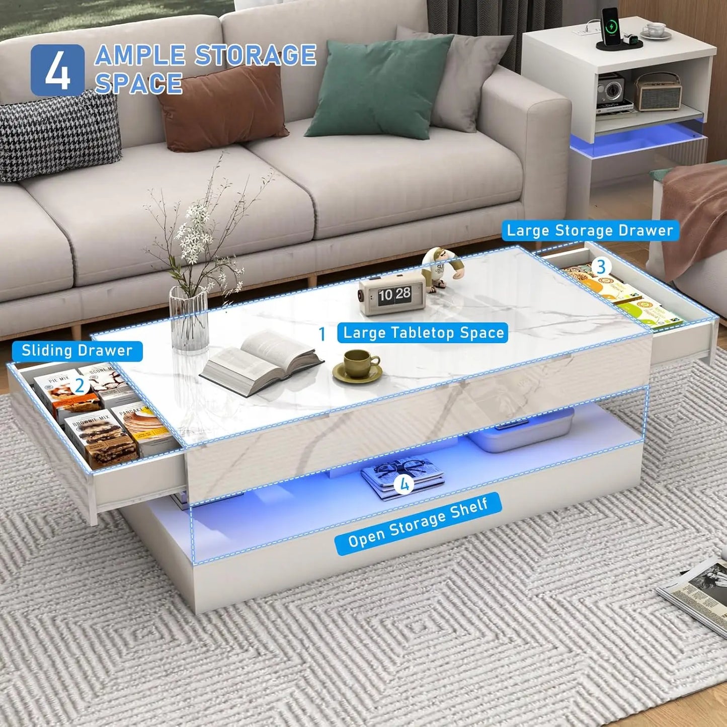 Modern Coffee Table With LED Lights And Storage Drawers
