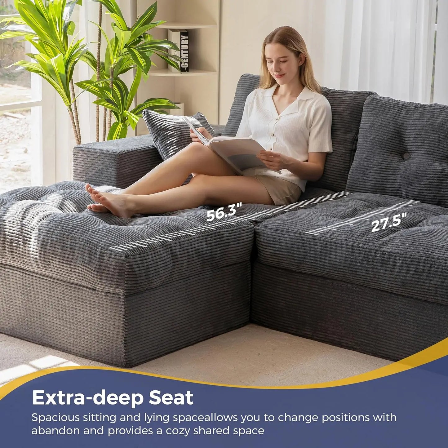 104 Inch L Shaped Modular Sectional Sofa With Ottoman Layered Cushions