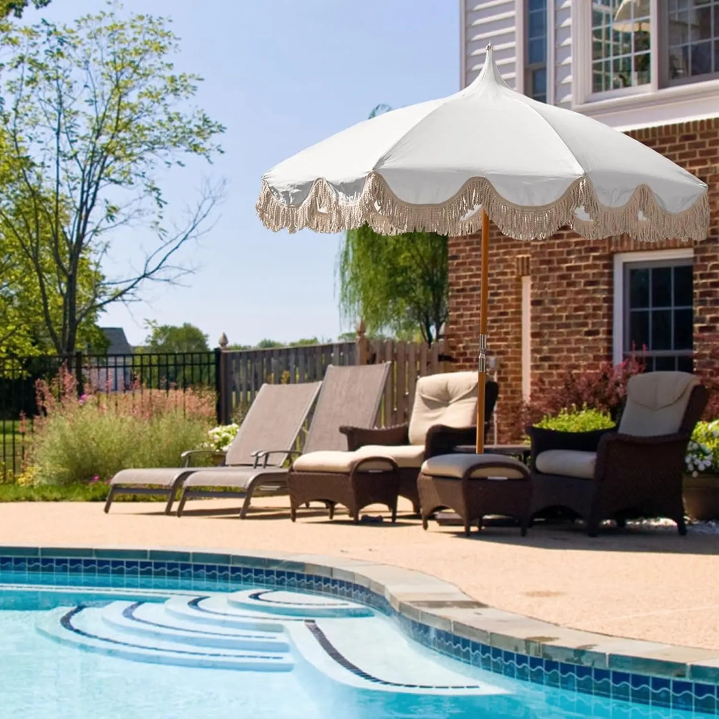 6.5ft Boho Beach Umbrella With Fringe UPF 50 Foldable Wood Pole Carry Bag