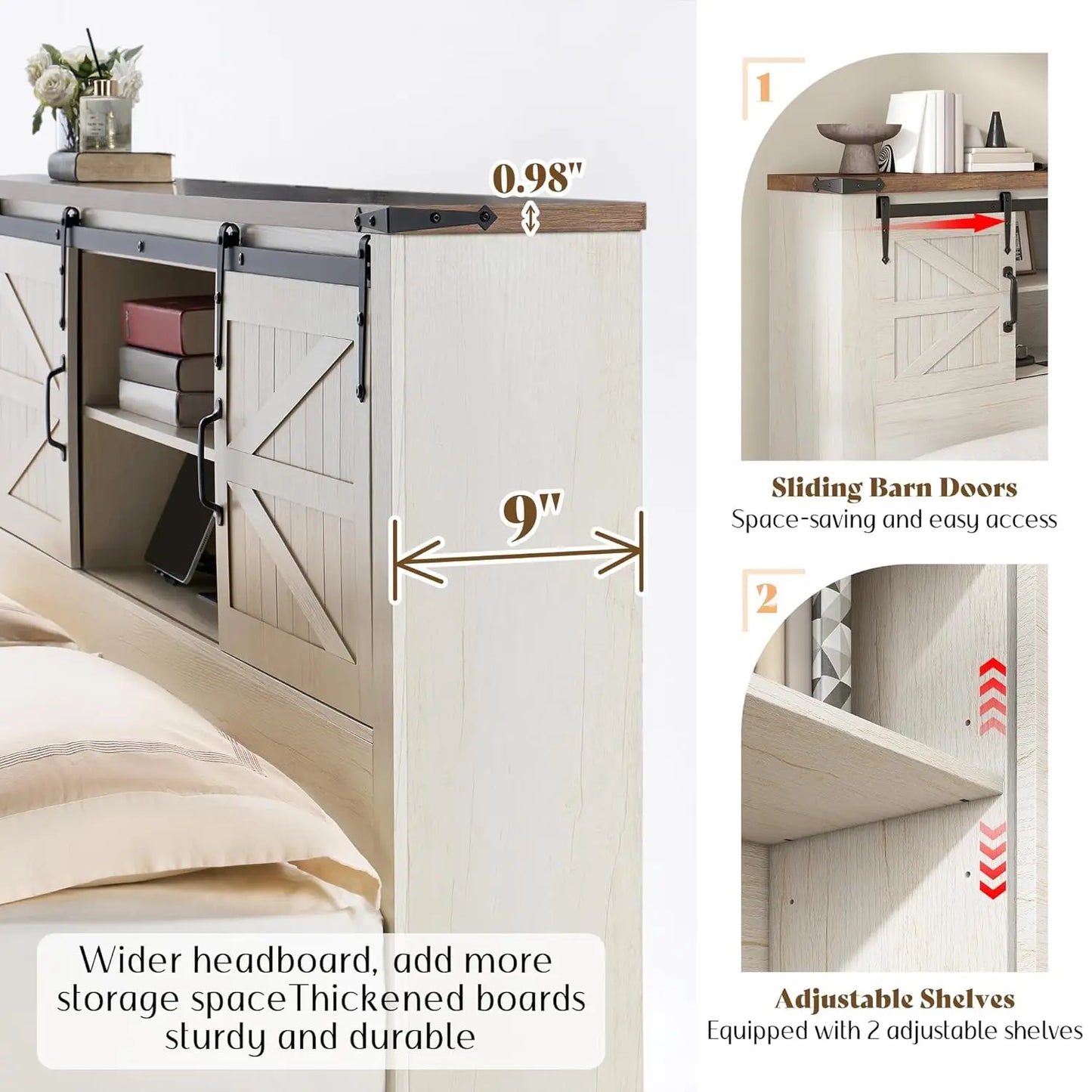 Farmhouse Queen Bed Frame With Storage USB Headboard No Box Spring White Finish