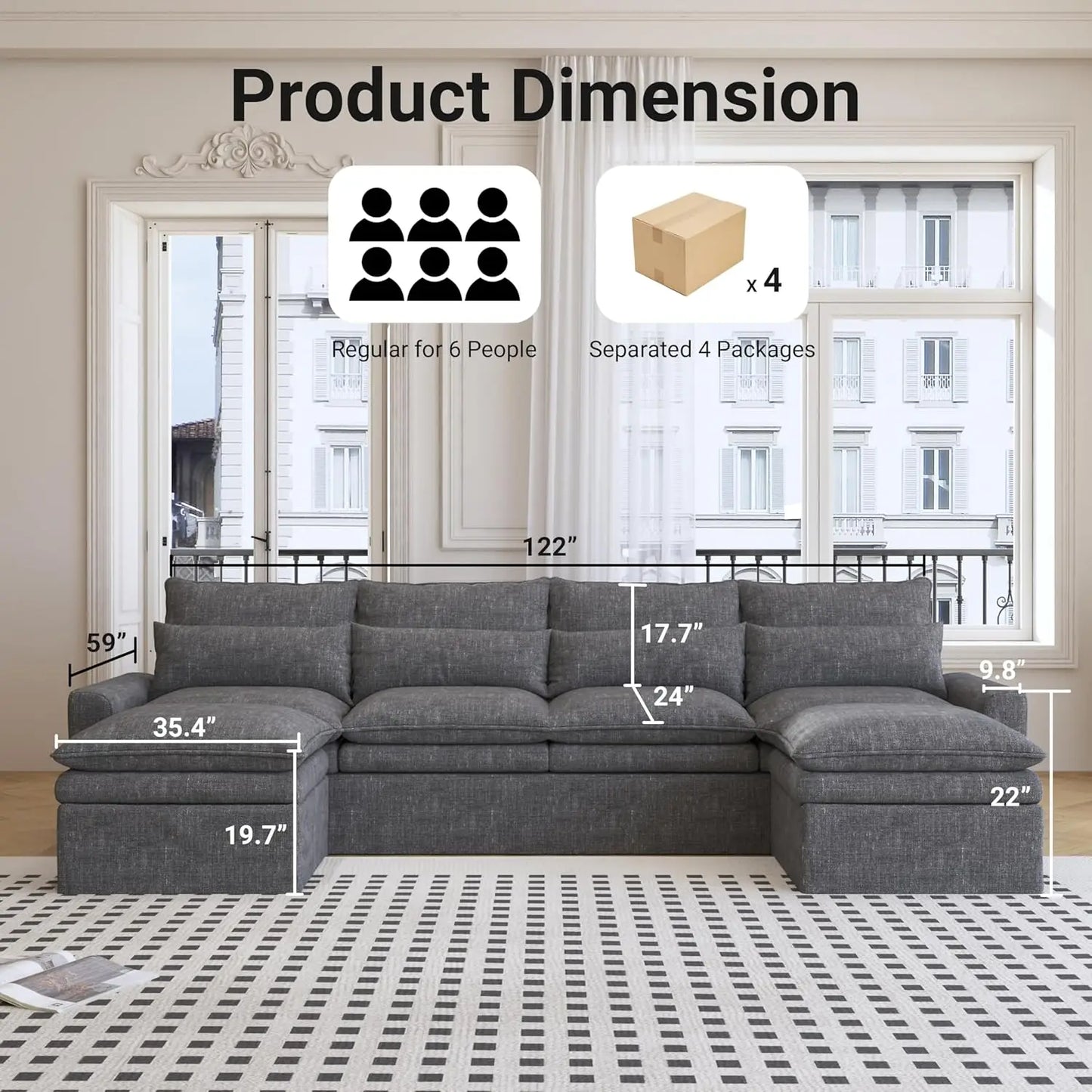 122 Inch U Shaped Modular Sectional Sofa With Movable Ottoman And Covers