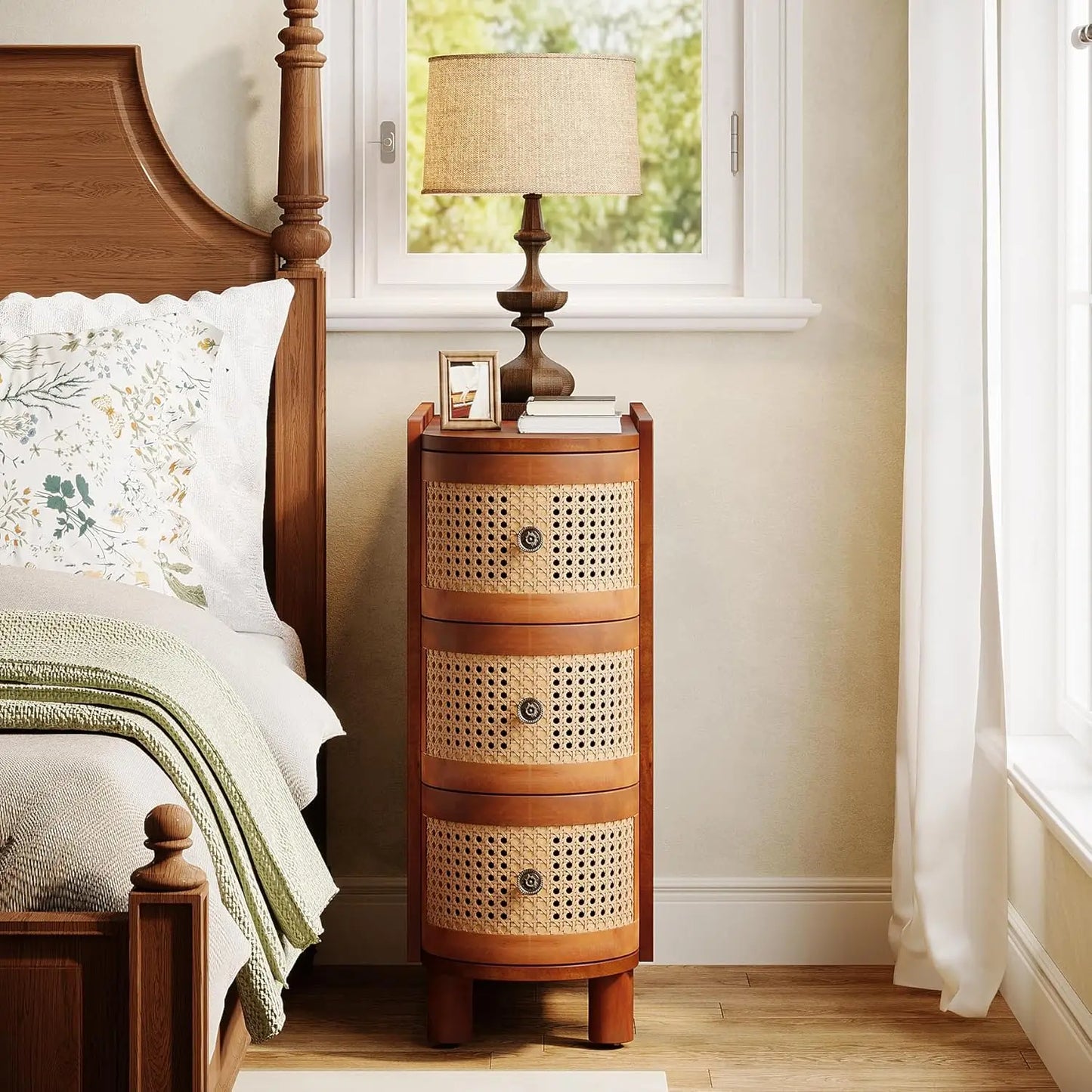 Solid Wood End Table Nightstand Vintage Embossed Handles