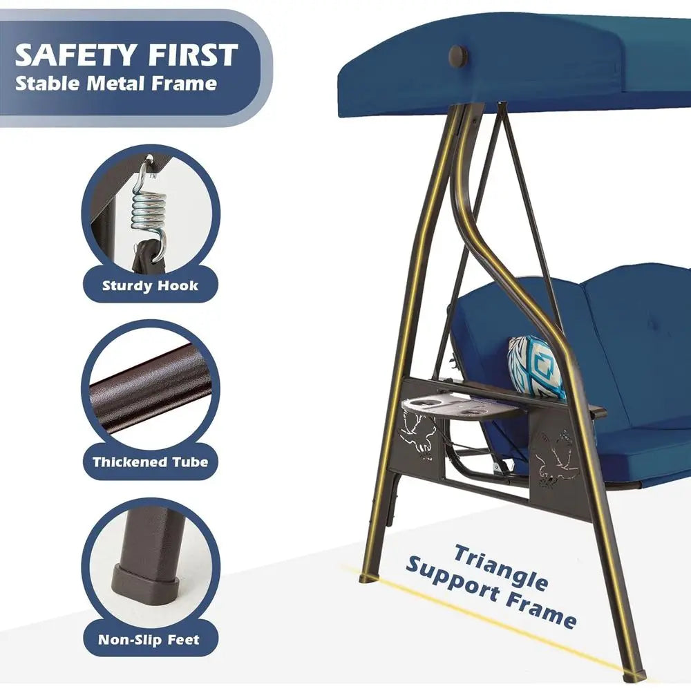 Three Seat Outdoor Porch Swing With Stand Blue Patio Swing Bed Chair Pillows