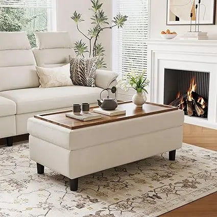 46 Inches Wide Linen Storage Ottoman Bench Coffee Table