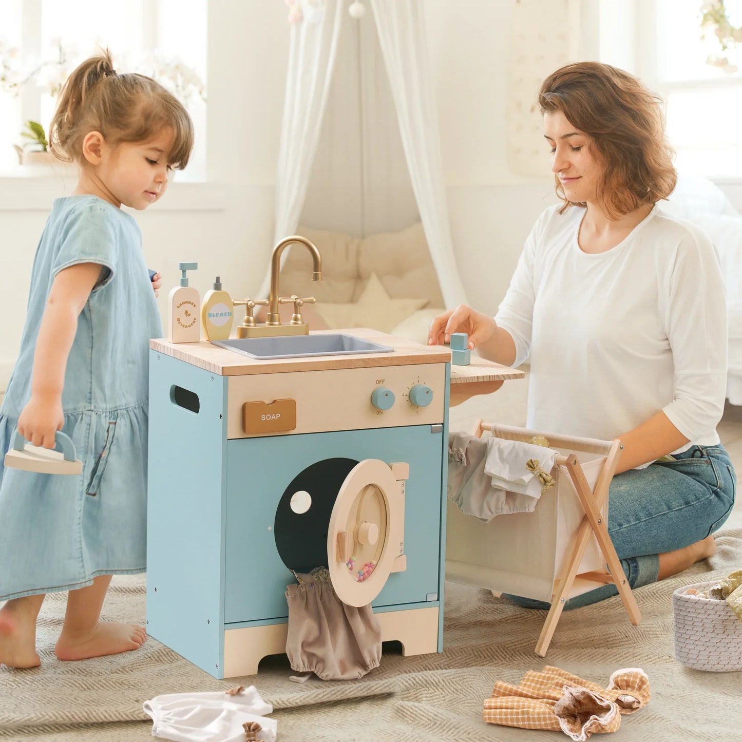 Robotime Robud Wooden Kitchen Washer Playset For Kids Blue