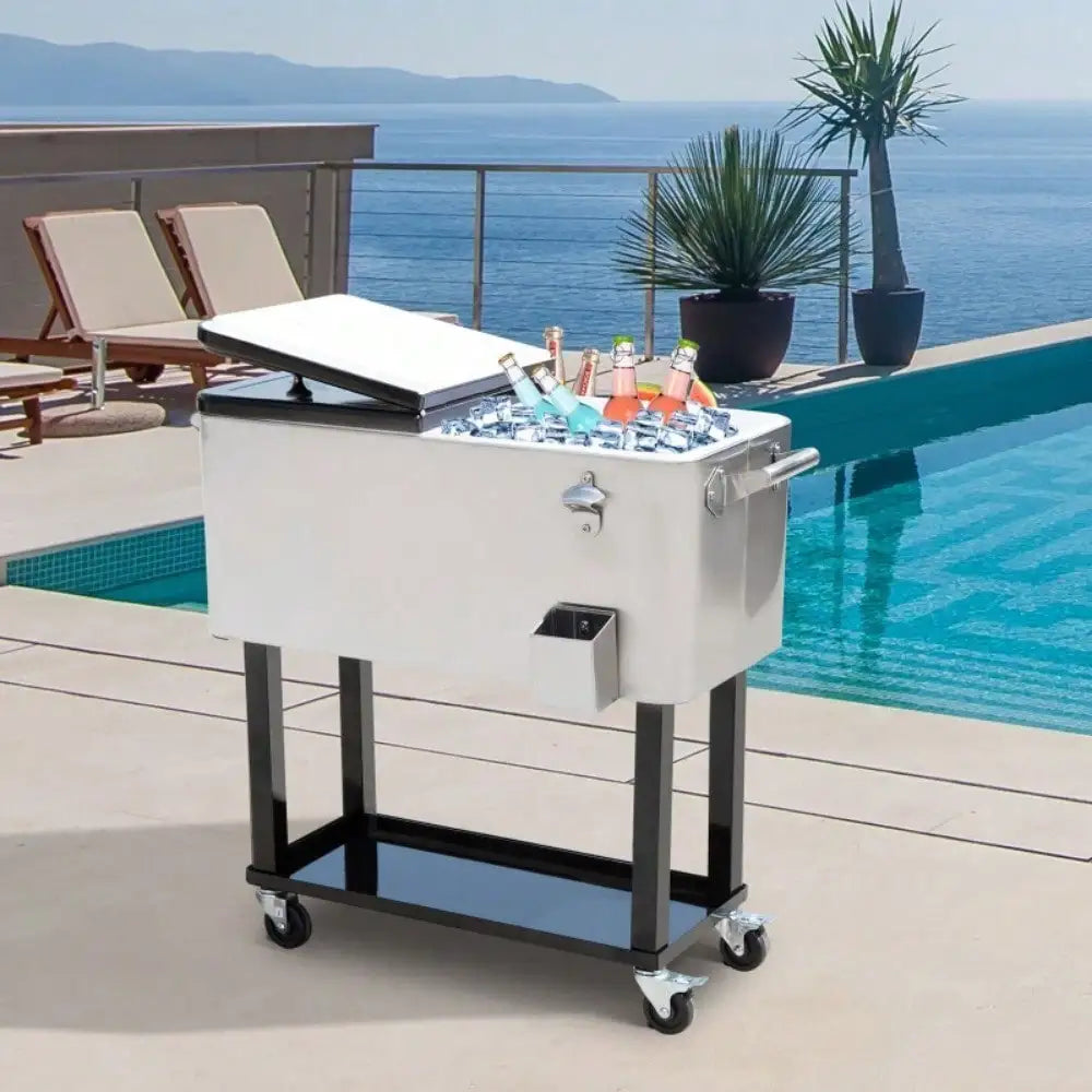 80 Qt Patio Rolling Cooler Cart With Wheels For Picnics