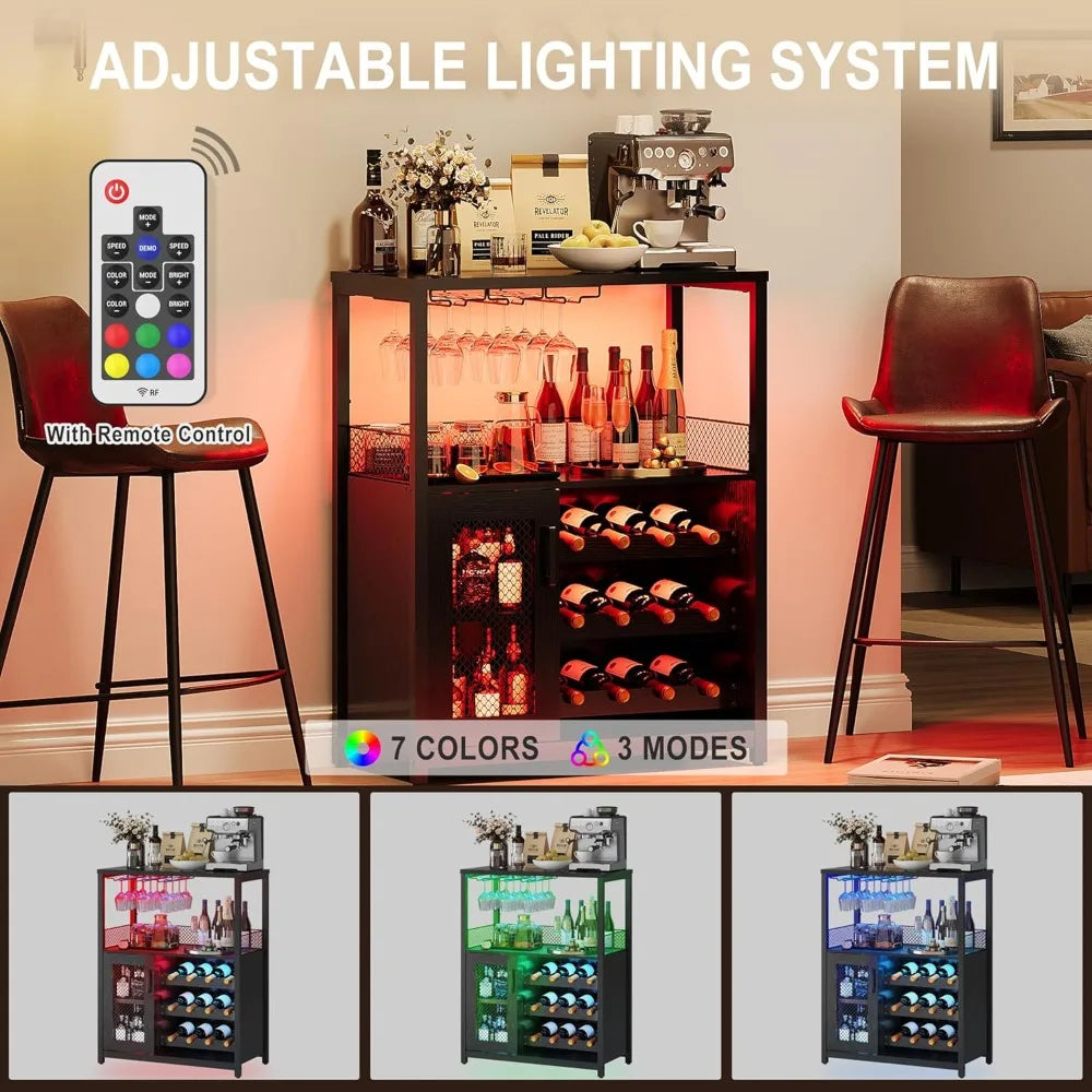 3 Tier Wine Bar Cabinet With Led Lights And Glass Holder