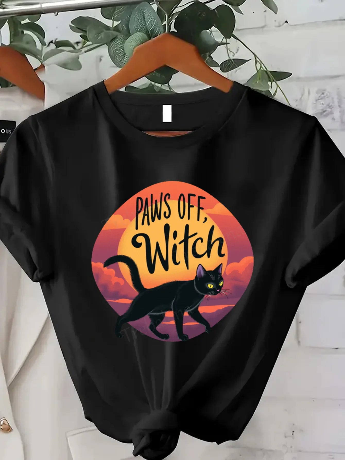 Round Neck T Shirt Paws Off Witch Halloween Cat Graphic Tee Womens Plus Size
