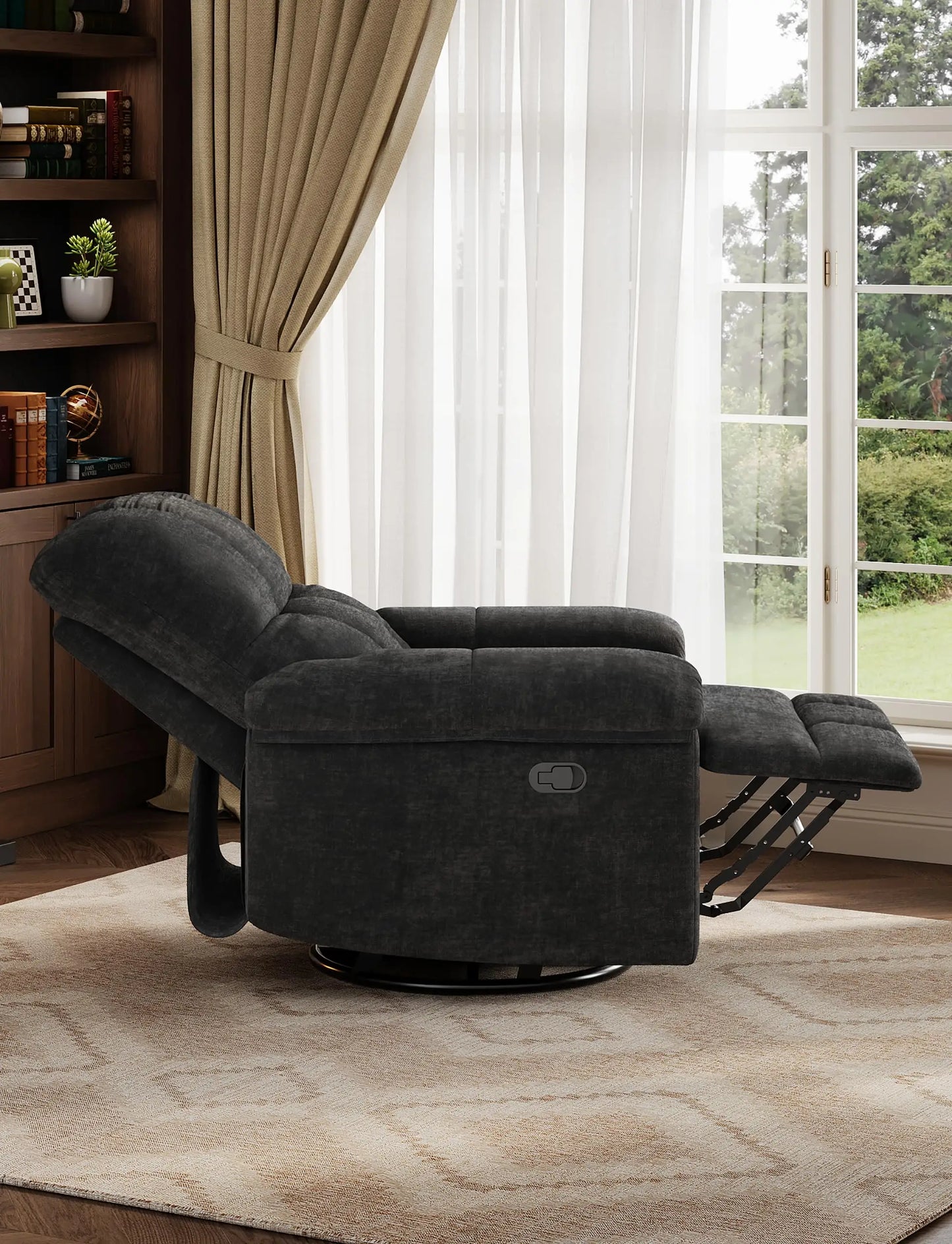Oversized Overstuffed Chenille Recliner With Swivel Rocker And Padded Armrests