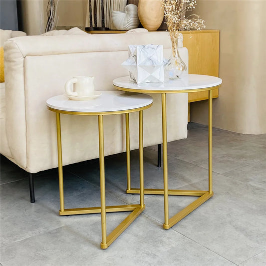 Modern Round Marble Metal Base Nesting Side Tables Set Of 2
