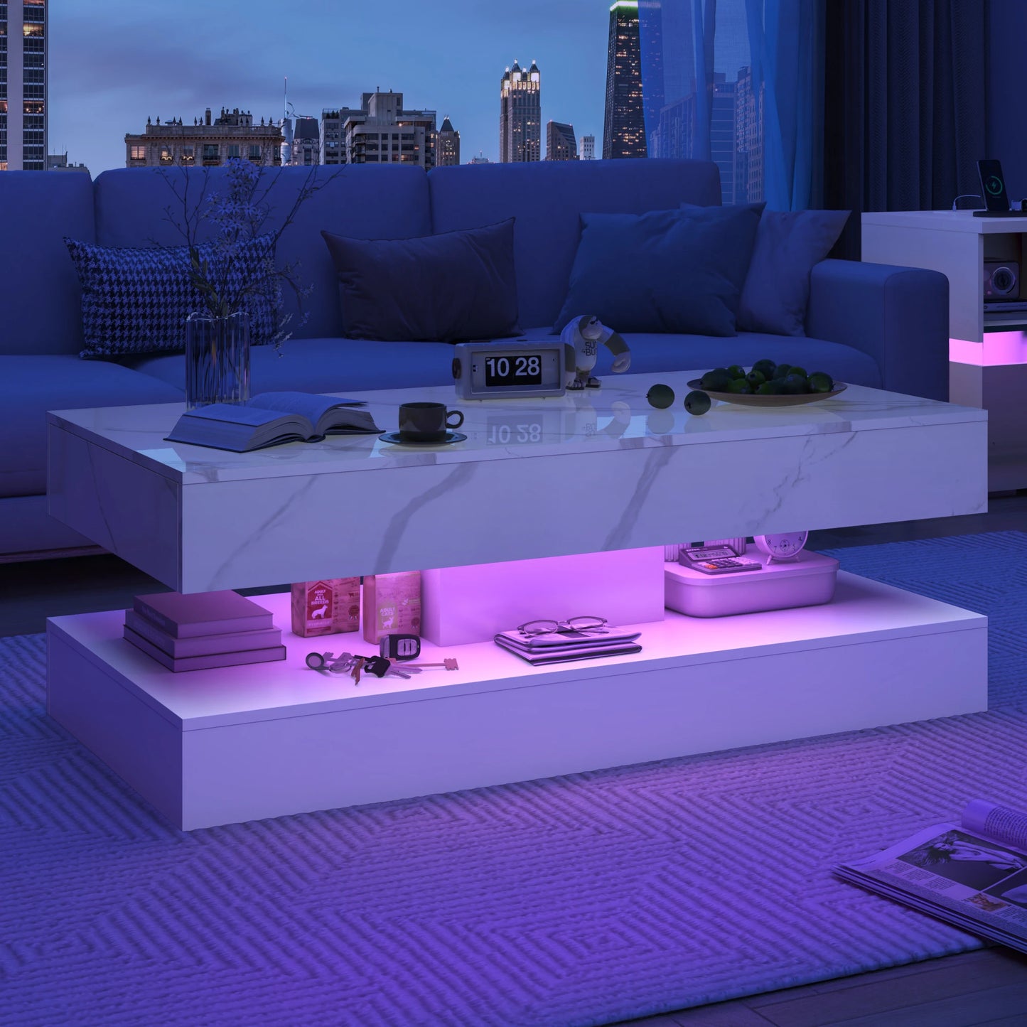 Modern Coffee Table With LED Lights And Storage Drawers