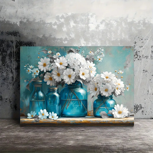 1.5 Inch Blue Vase White Daisy Canvas Wall Art for Home Office Decoration Bedroom Wall Art