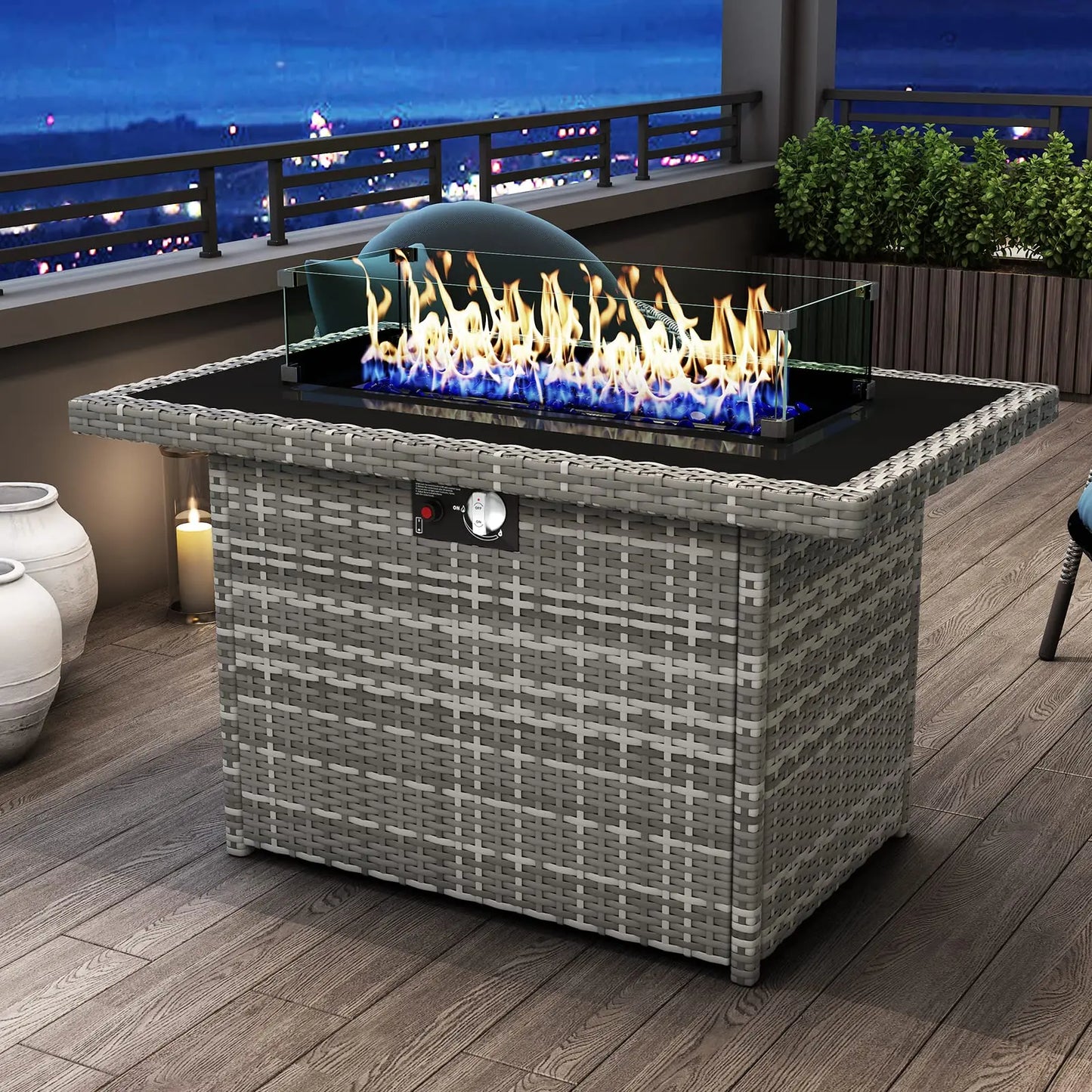 44 Inch Propane Gas Fire Pit Table Outdoor Patio 60000 BTU Rectangular Wicker