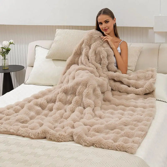 Winter Plush Blanket Thickened Fuzzy Bubble Design Faux Rabbit Fur Blanket for Bedroom Living Room Office Home Bed Sofa