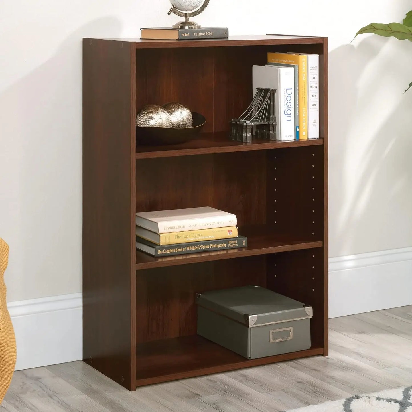 Cherry Finish 3 Shelf Adjustable Bookcase For Home Office And Living Room