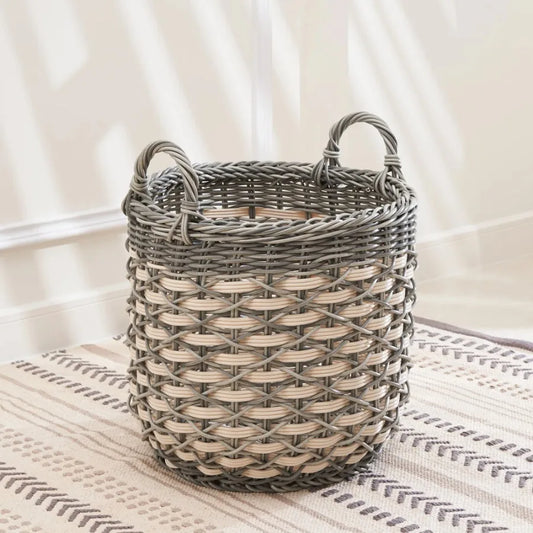Zita Resin Woven Storage Basket With Handles White Gray