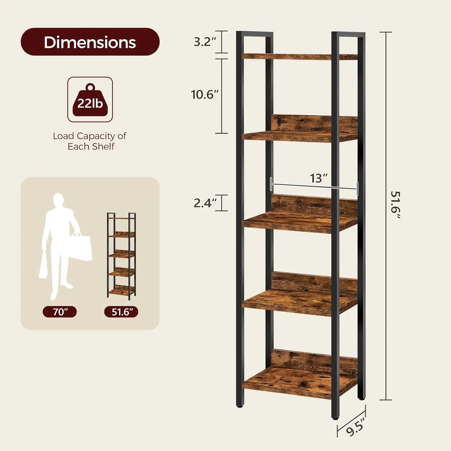 5 Tier Bookcase For Small Spaces Rustic Brown Black Storage Shelf Living Room