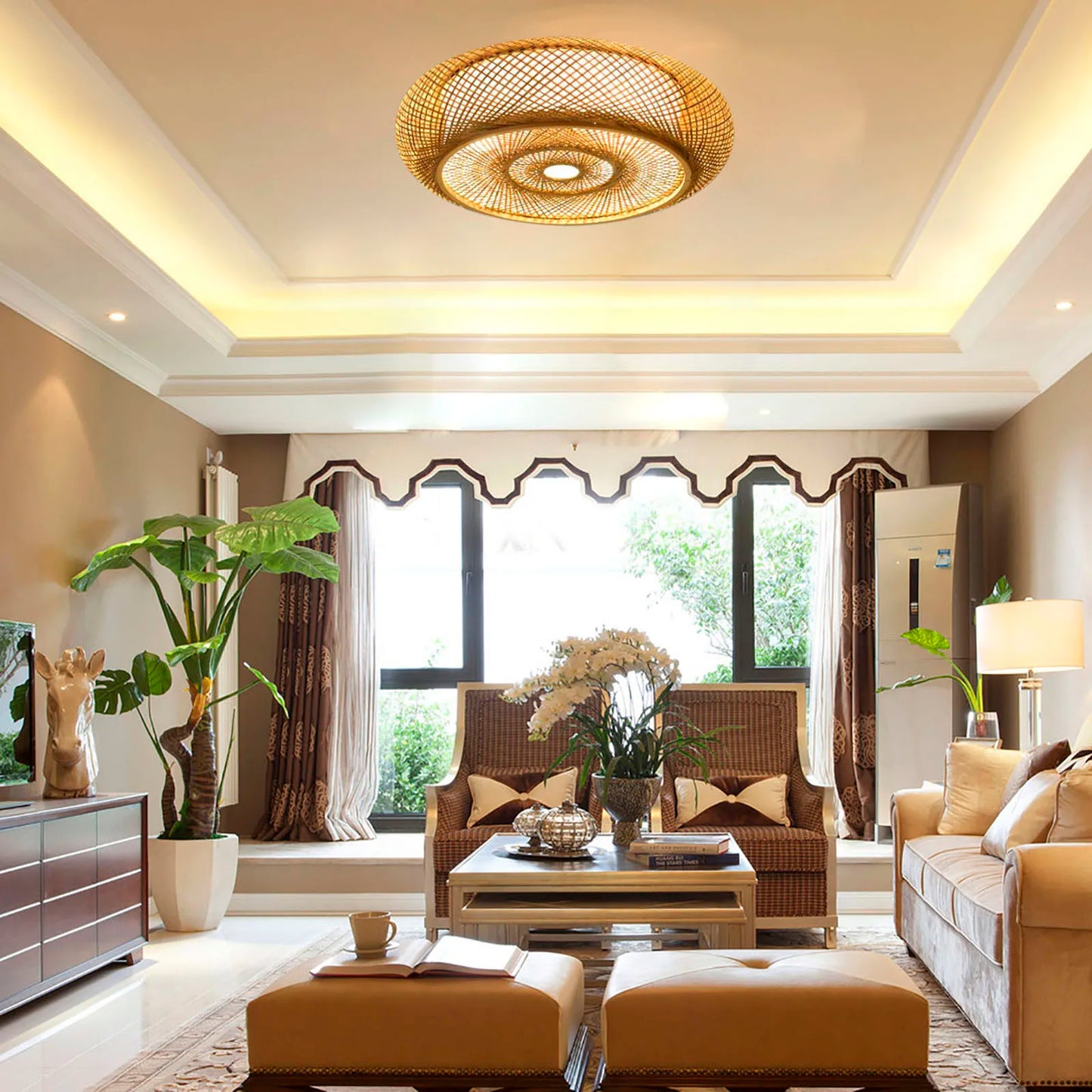 E27 Bamboo Flush Mount Ceiling Light Rustic Rattan Hanging Lamp 3-Lamp 110V 220V 40cm 50cm Bulb Not Included
