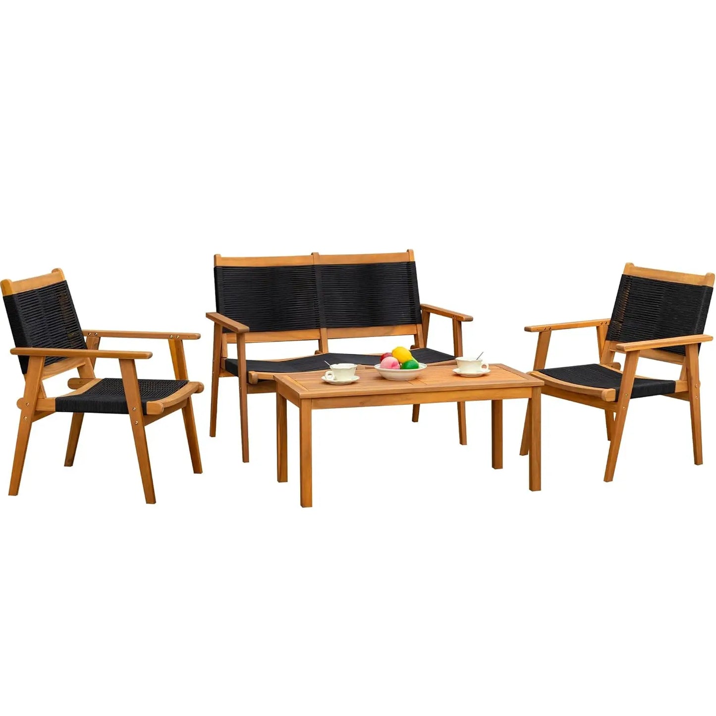 Four Piece Acacia Wood Patio Conversation Set With Hand Woven Rope Seats Outdoor