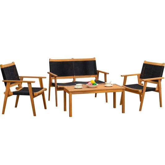 Four Piece Acacia Wood Patio Conversation Set With Hand Woven Rope Seats Outdoor
