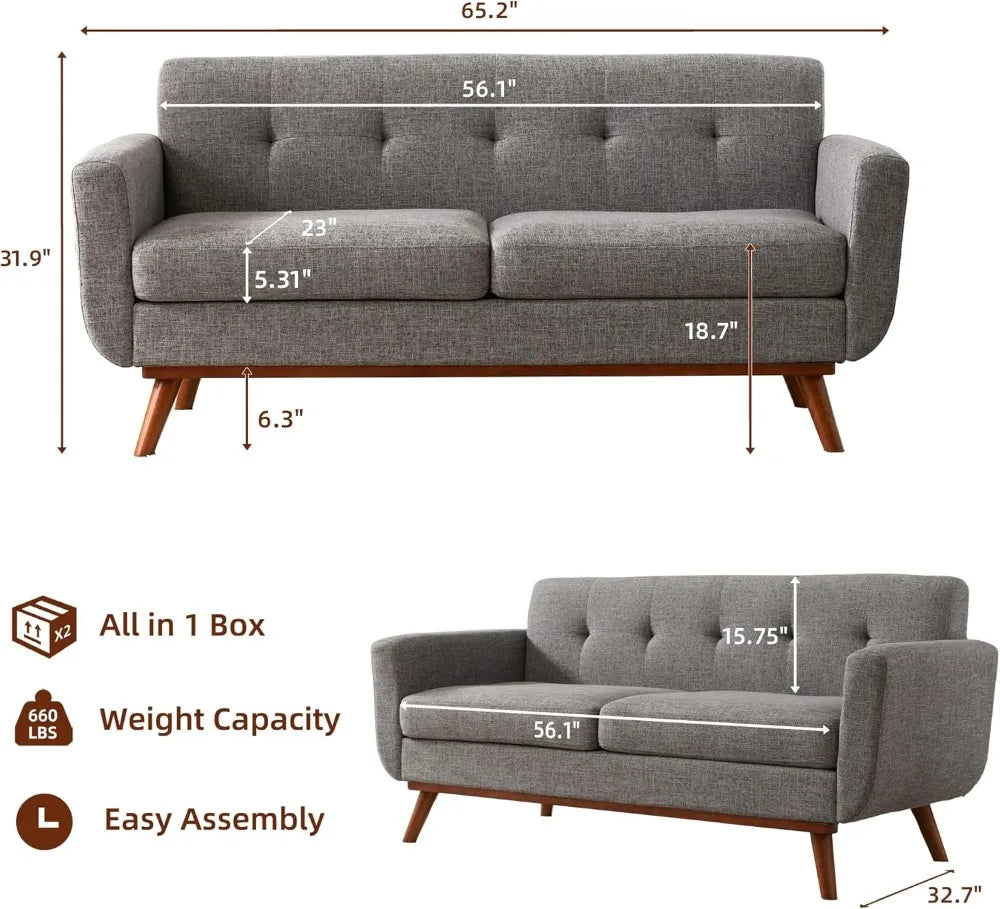65.2 Inch Wide Loveseat Sofa Mid Century Modern Button Tufted