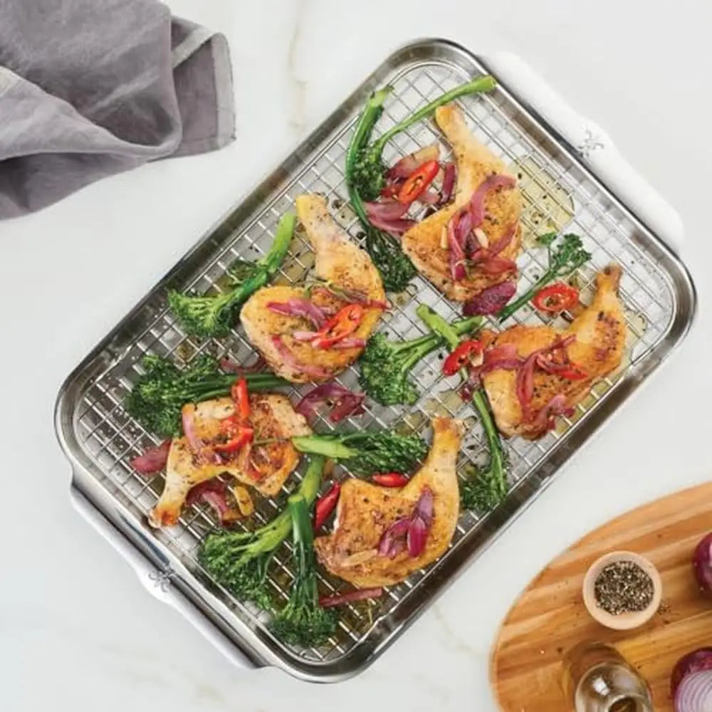 Stainless Steel Baking Sheet Set 5 Piece Ovenware Collection Triple Bonded Aluminum Core Brushed Surface Warp Resistant 18 Inch x 13 Inch