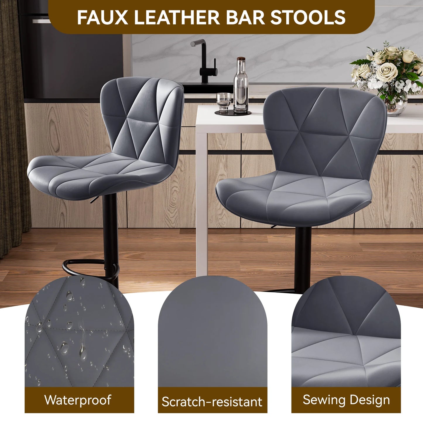 2 Pcs Bar Chair 360 Degree Rotation Faux Leather Backrest