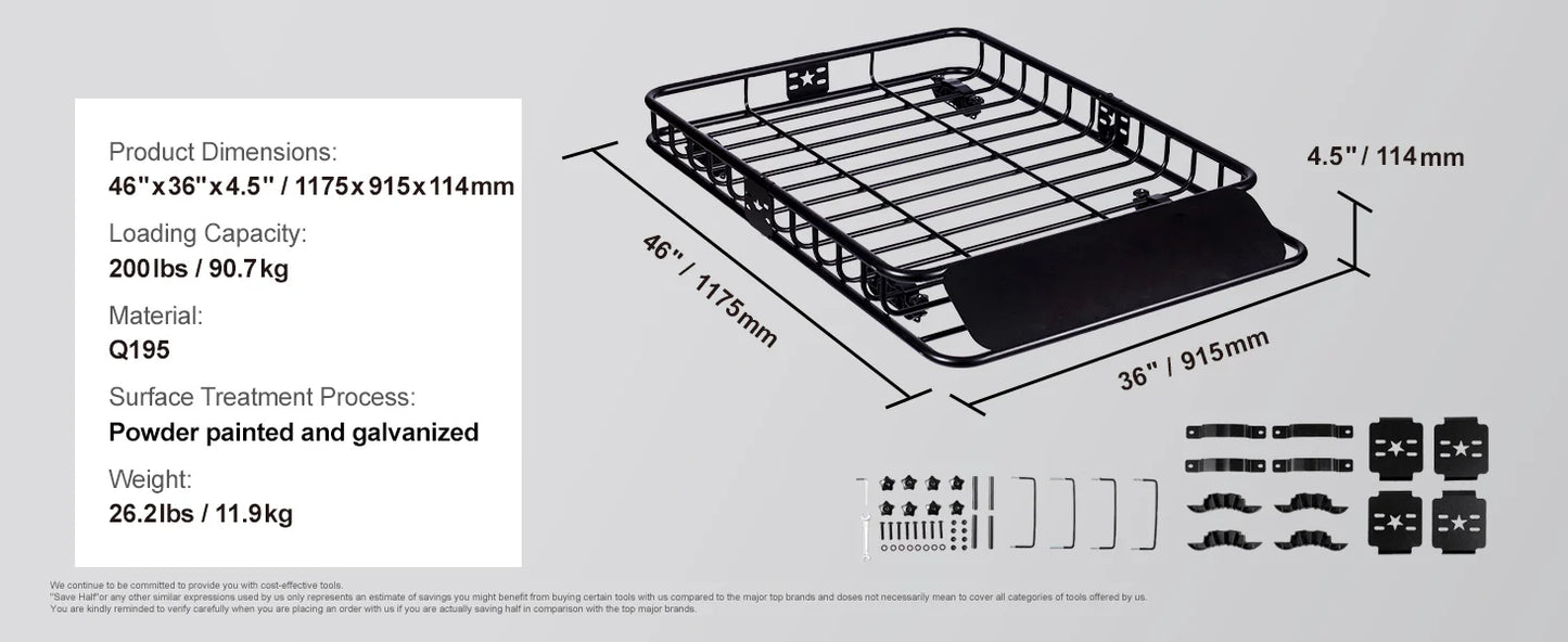 SucceBuy Rooftop Cargo Basket 46x36x4.5 Carrier 200Lbs
